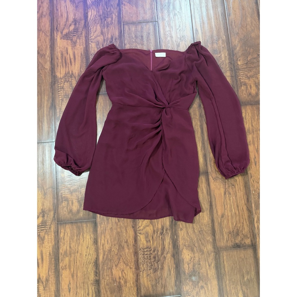 Altar'd State Mini Dress Womens L Burgundy Twist Front Bishop Sleeve